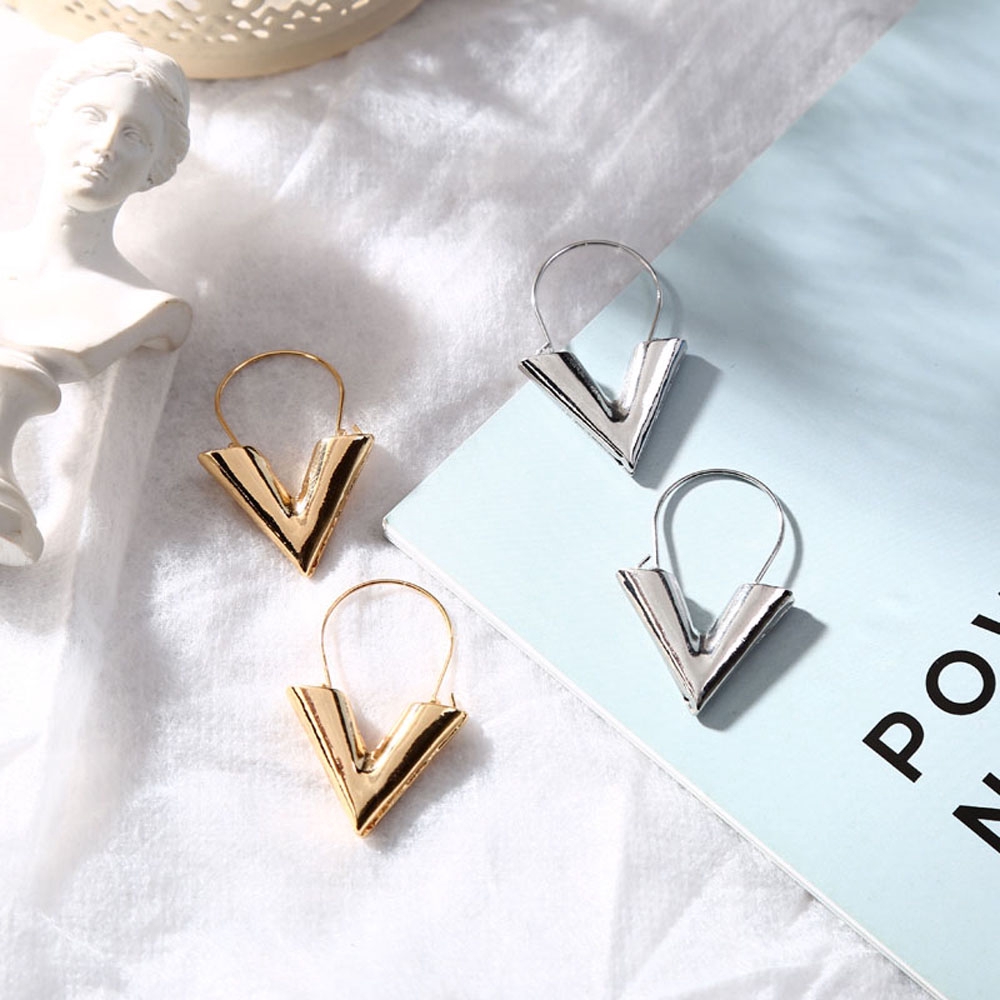 MXGOODS Color Fashion Letter V Metal Texture Gift For Women Hoop Earrings
