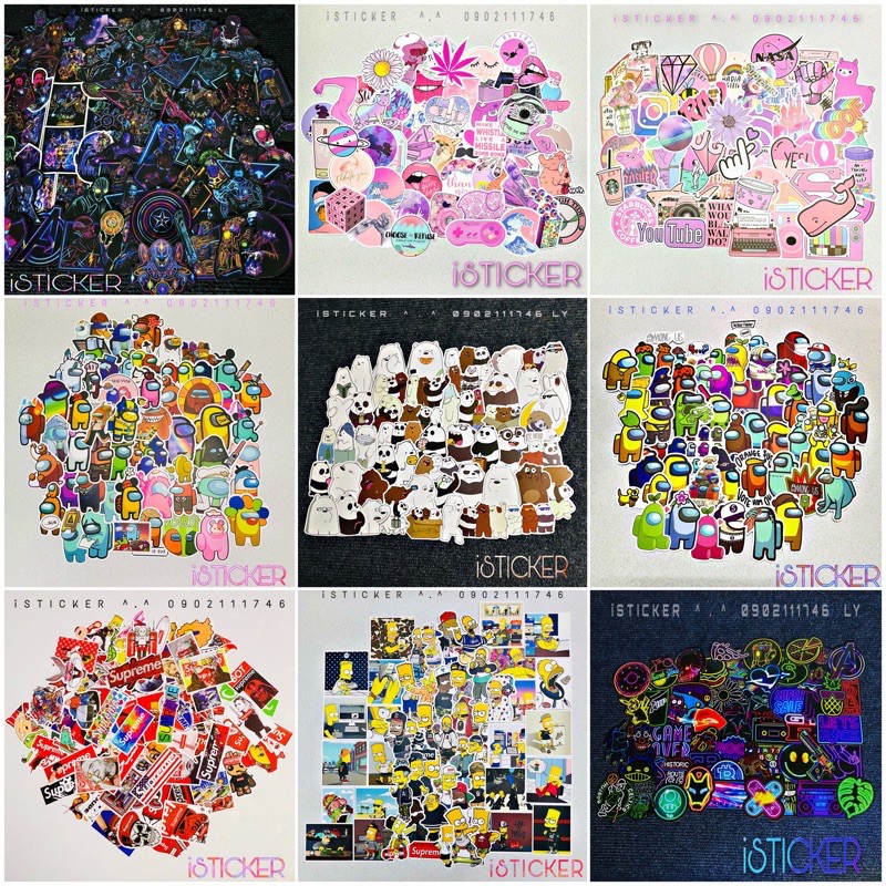 [Set 50 cái] STICKER PVC vinyl nhám chống thấm cao cấp chủ đề AMONG US, MARVEL, NEON BÓNG, SIMPSON, GẤU WBB...