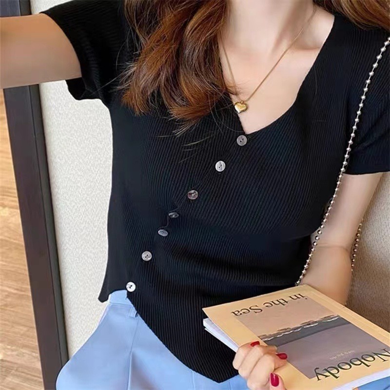 Áo Dệt Kim Ngắn Tay Cổ Chữ V Thời Trang