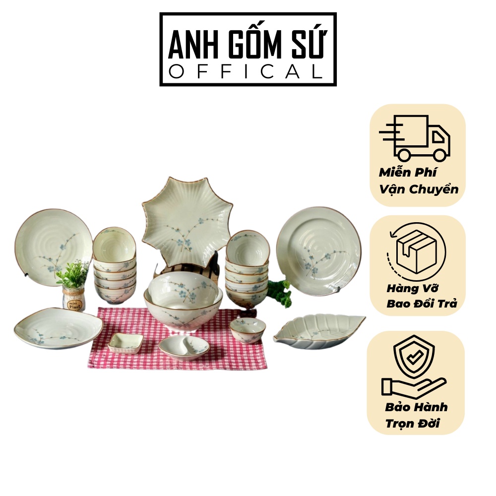 Bộ bát đĩa sứ Bát Tràng, bộ chén đĩa ăn cơm gia đình men kem họa tiết đào xanh cao cấp, nhiều mẫu