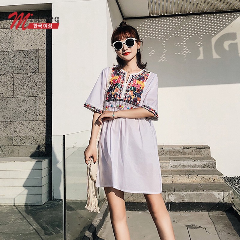 Chân Váy Đi Biển Thêu Họa Tiết Thổ Cẩm Kiểu Retro Bohemian Xinh Xắn