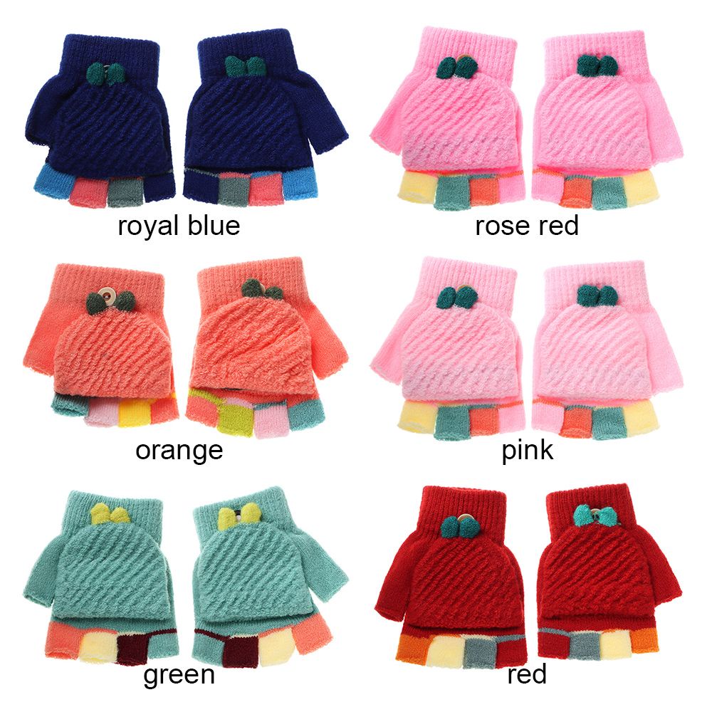 Găng Tay Dệt Kim Hở Ngón Dày Dặn Giữ Ấm Mùa Đông In Họa Tiết Hoạt Hình Nhiều Màu Dễ Thương Cho Bé