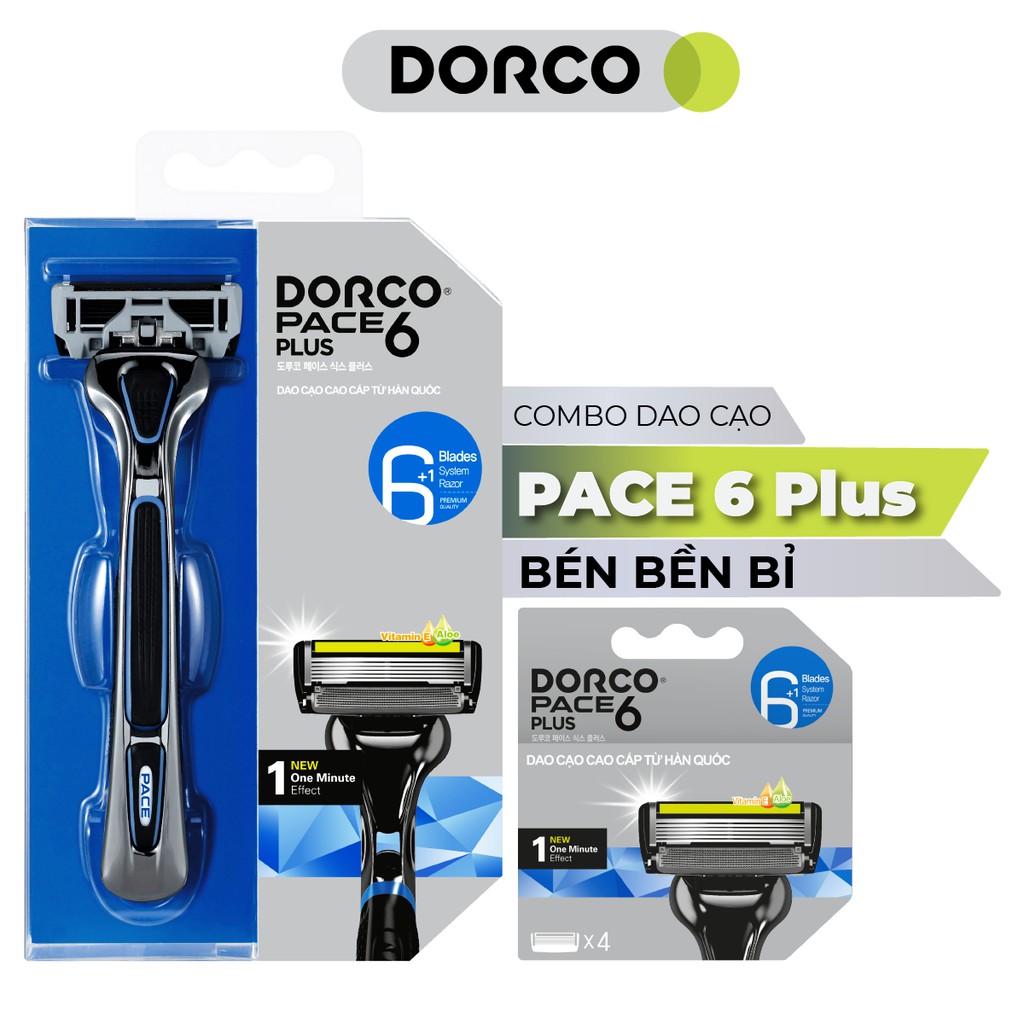 Bộ Dao cạo và Vỉ 04 đầu cạo râu 6 lưỡi DORCO PACE 6 Plus (1 cán + 5 đầu dao cạo)