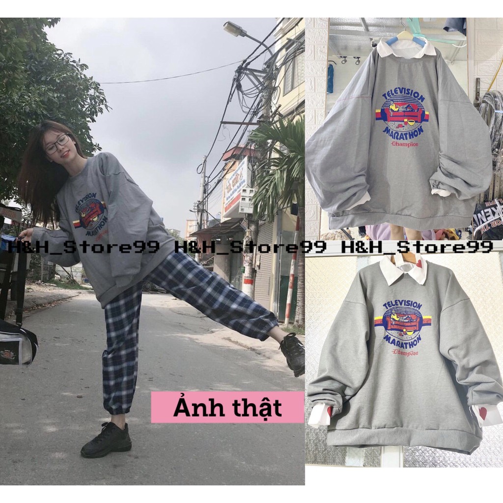 SET BỘ NỈ BÔNG DÁNG XUÔNG ULZZANG FORM RỘNG TELEVISION ÁO NỈ SWEATER XÁM, QUẦN JOGGER KẺ NAM NỮ UNISEX [kèm ảnh thật]