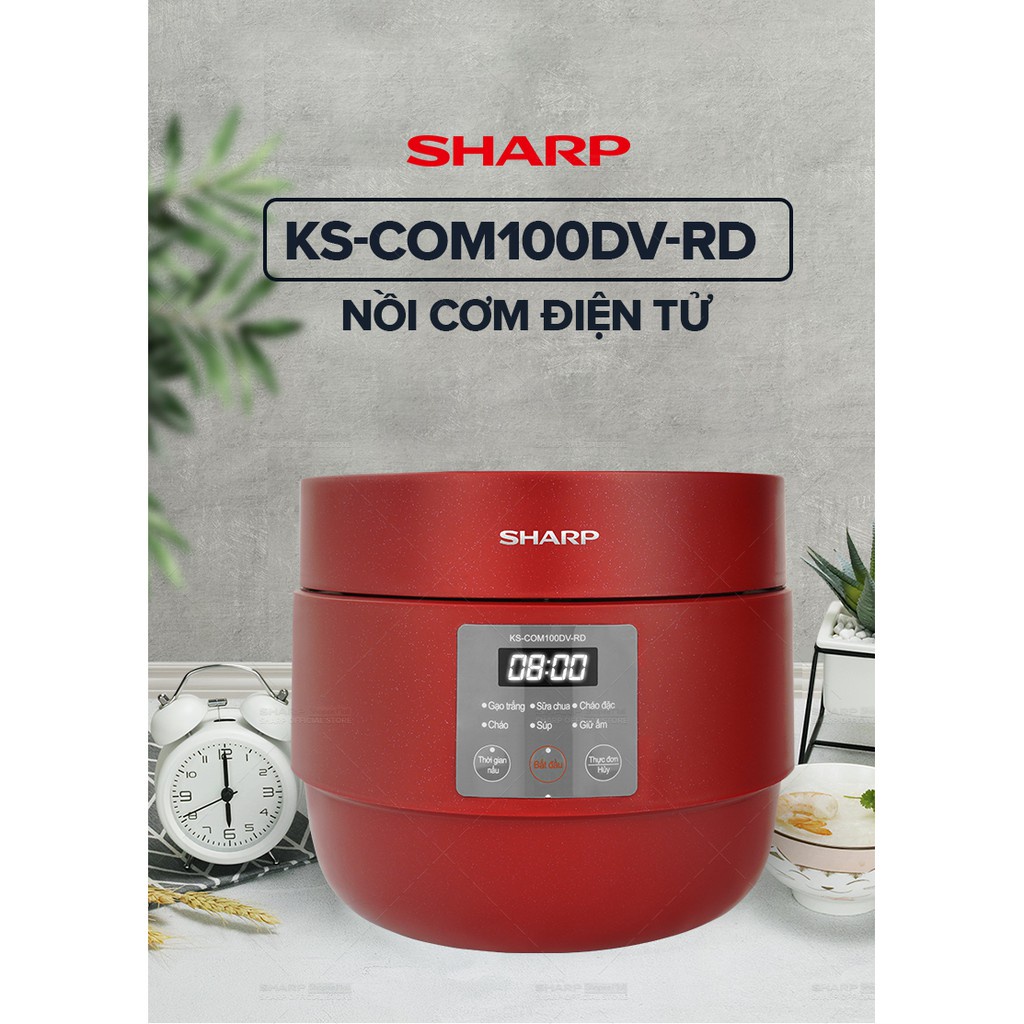 Nồi Cơm Điện Tử Sharp KS-COM100DV-RD 1 Lít 600W Hẹn giờ, 6 chế độ nấu Chính hãng