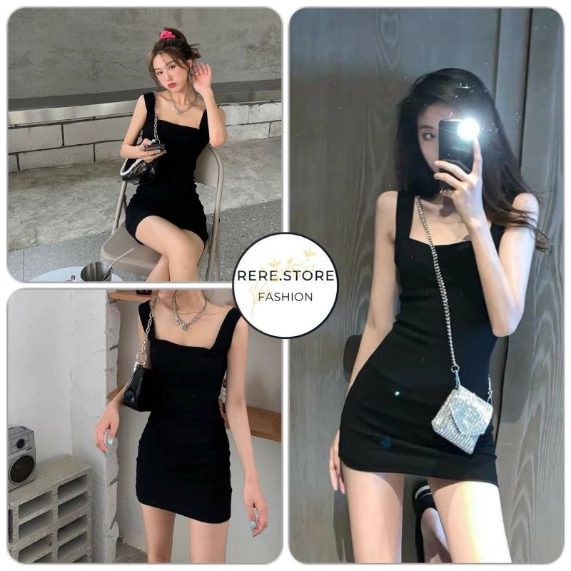 Váy Thun 2 Dây Bản To Cổ Chữ U - Rere.Store [FREESHIP] - Đầm thun trơn dáng ngắn ôm body màu đen basic Ulzzang