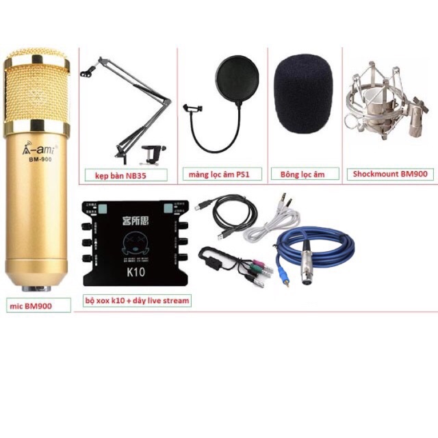 COMBO bộ livetream karaoke AMI BM 900, k10, dây, châm đế, màng lọc tai nghe j5