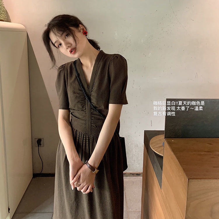 Đầm Tay Phồng Cổ Chữ V Thiết Kế Xếp Ly Phong Cách Retro Pháp Thời Trang Mùa Hè Cho Nữ