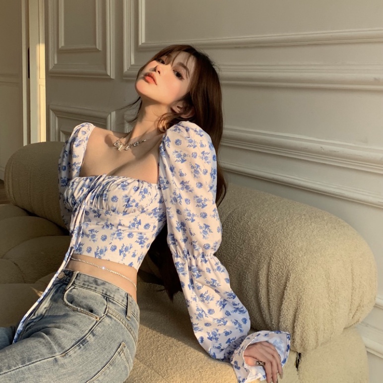 Áo Croptop Tay Phồng Cổ Vuông In Hoa Thời Trang Quyến Rũ Cho Nữ
