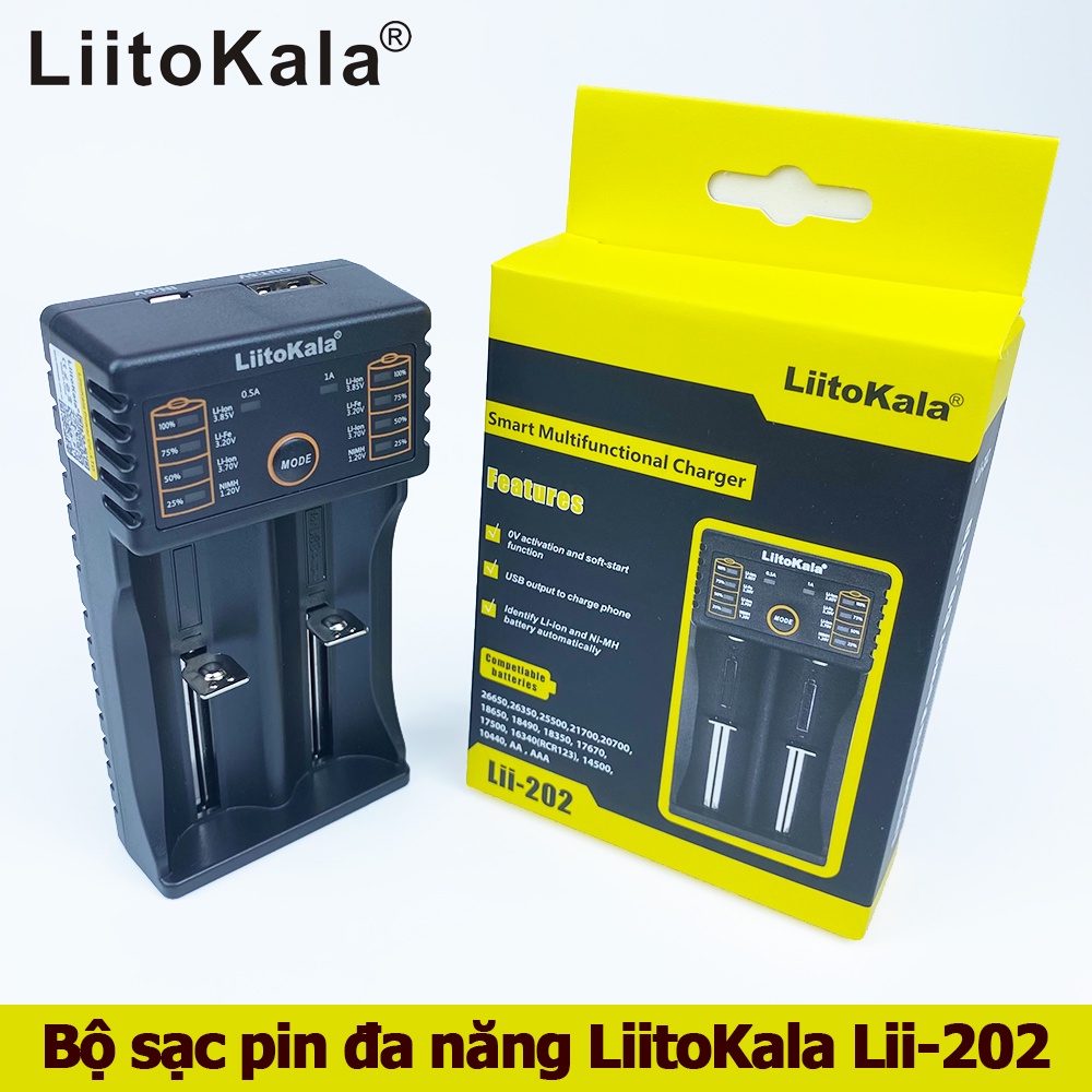 Bộ sạc pin đa năng Liitokala lii-202 2 khay 18650 26650 16340 14500 17670 17500 10440 AA AAA RCR123