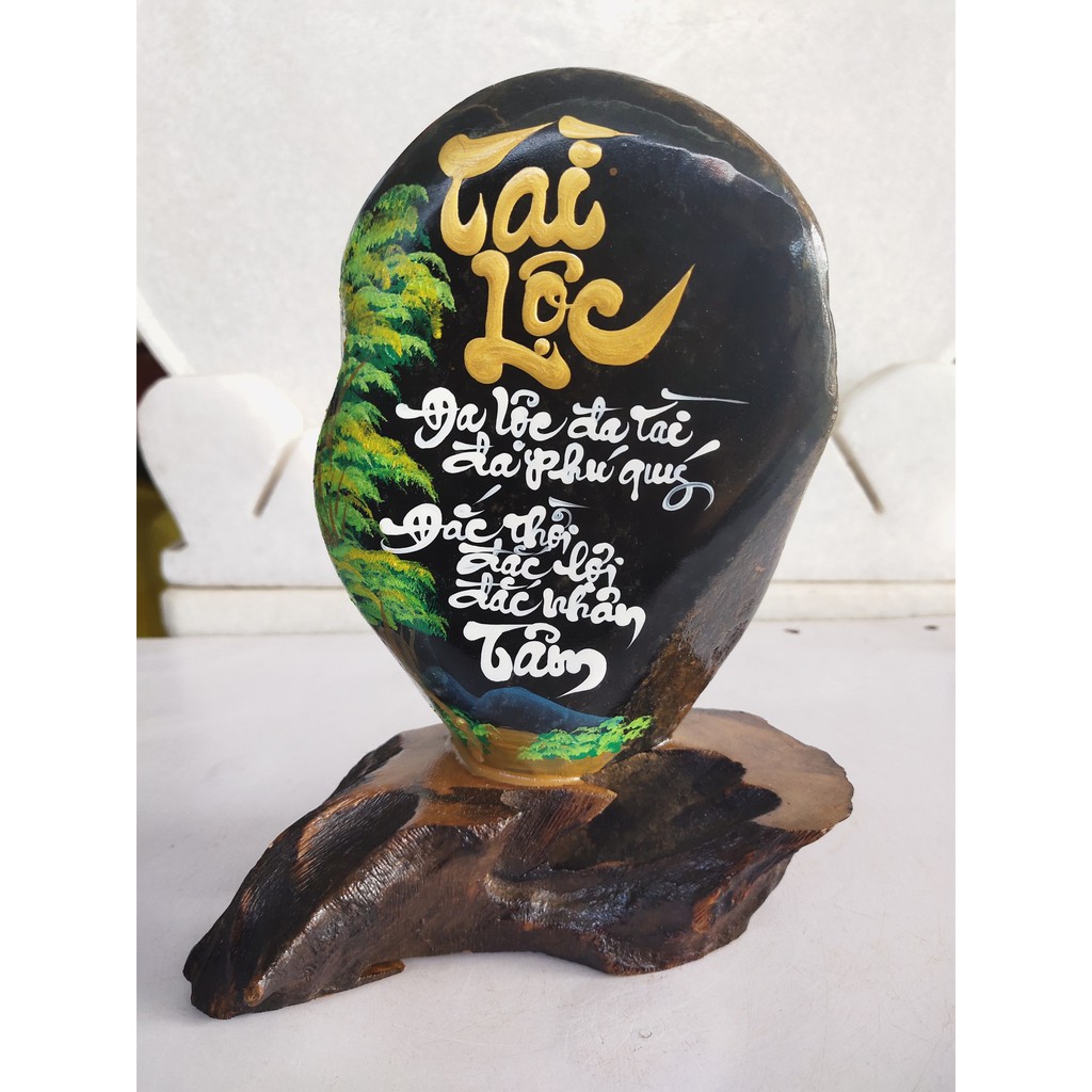 Thư pháp trên nền đá đen tuyền 💯 tự nhiên. (KL: 2kg, C: 20cm, R: 15cm), Khắc chữ thư pháp theo yêu cầu của khách hàng
