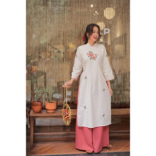 Sumire Store Áo dài Linen thêu tay Hồng Hoa