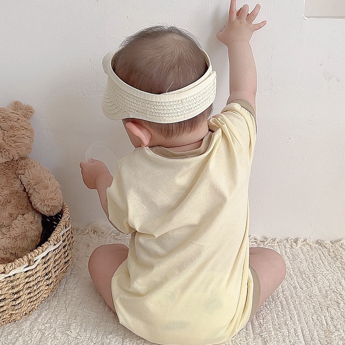 Bộ Áo Liền Quần Tay Ngắn Chất Cotton Mỏng Nhẹ In Họa Tiết Hoạt Hình Chú Gấu Phong Cách Hàn Quốc Thời Trang Cho Bé Trai Và Gái