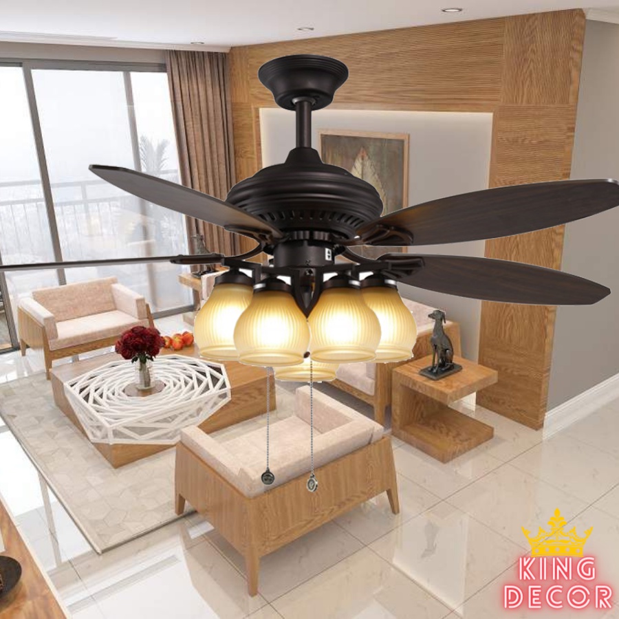 Quạt Trần Đèn - Quạt Đèn Chùm CIZOMI Cánh Gỗ Phong Cách Cổ Điển - Tặng Kèm Bóng LED