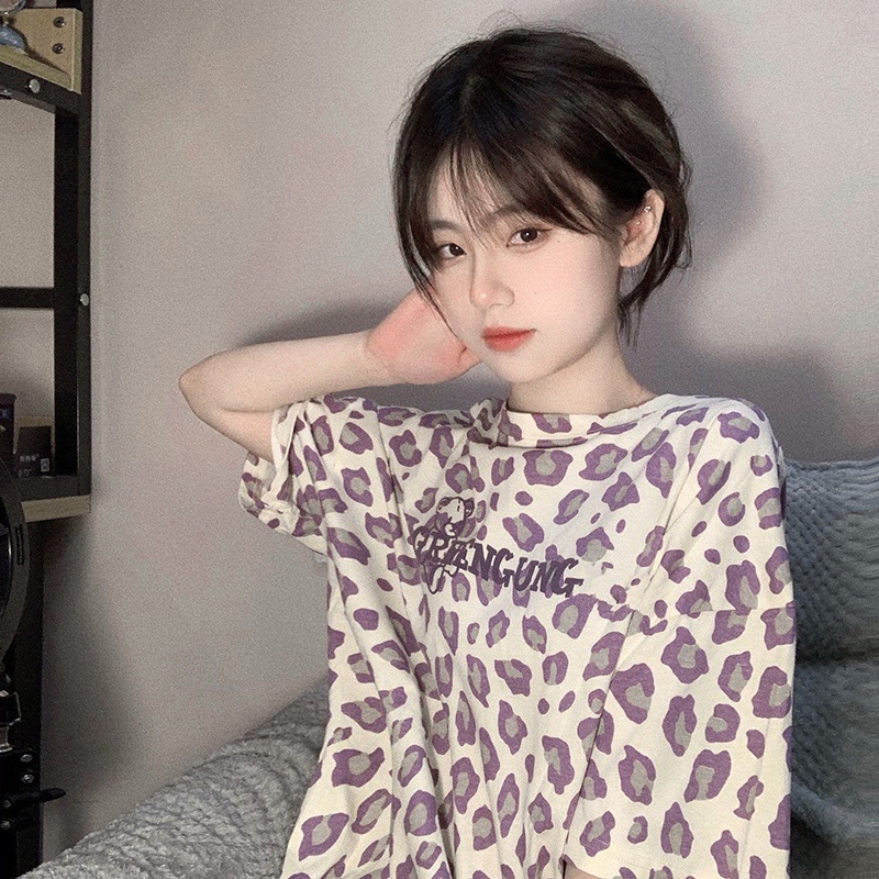 Áo Thun Tay Ngắn Dáng Rộng In Họa Tiết Da Báo Phong Cách Harajuku Hàn Quốc Thời Trang Mùa Hè Cho Nữ