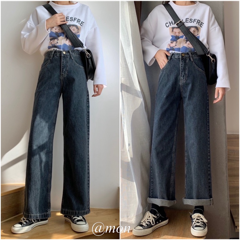 2101347 Quần jeans nữ quần ống rộng dáng suông ulzzang màu xám xanh có size