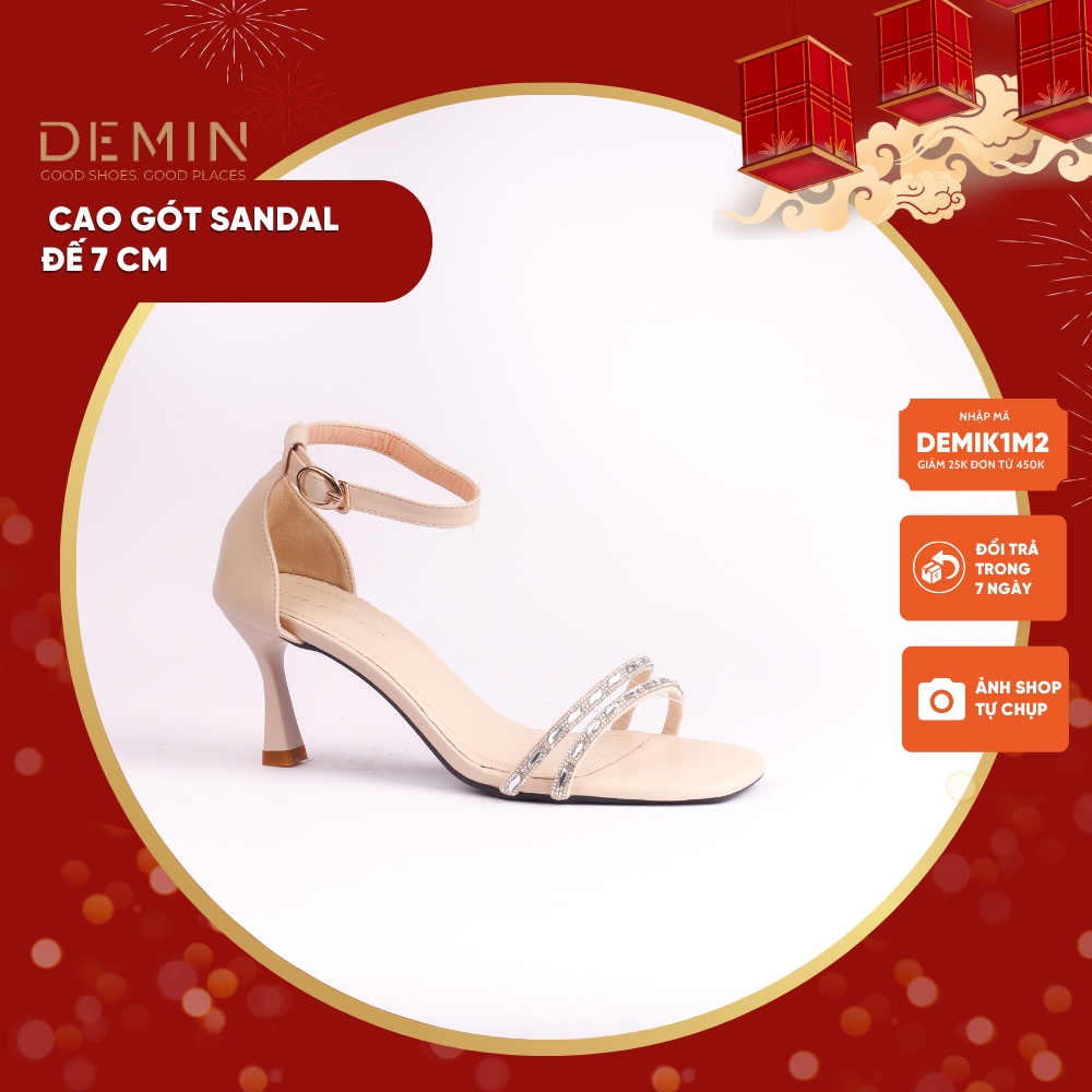 Sandal gót nhọn DEMIN sandal cao gót quai đính đá đế 7cm DSD090