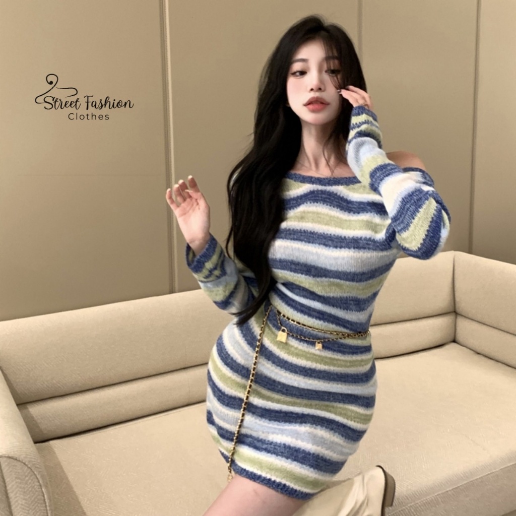 Váy dệt kim khoét lưng hoạ tiết kẻ hot trend 2022