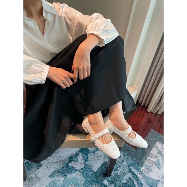 Giày búp bê dạ tweed bọc mũi gót 3cm-ORD