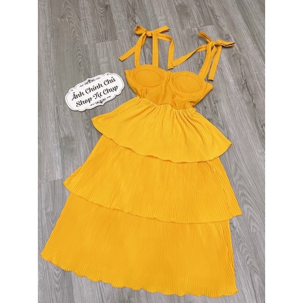 G9  - đầm xoè vàng dập tầng nơ vai