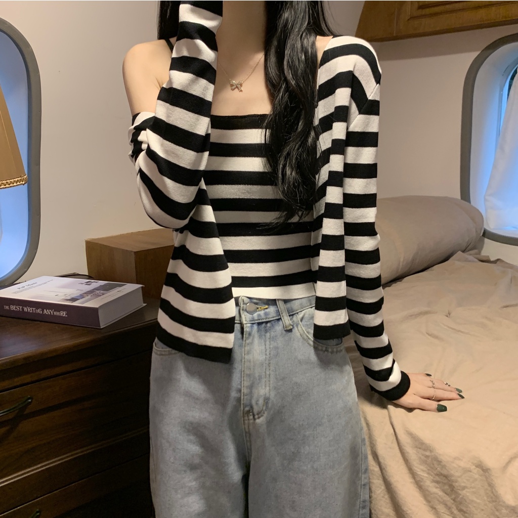 Set 2 món ZHELIHANGFEI áo hai dây + áo khoác cardigan họa tiết kẻ sọc thời trang