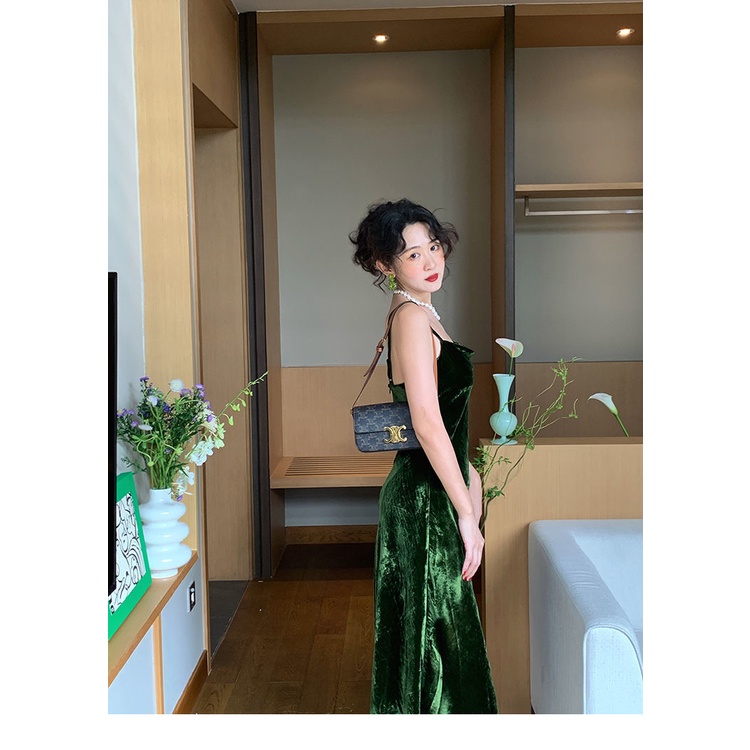 Đầm Nhung Hai Dây Dáng Dài Phong Cách Retro Thời Trang Cao Cấp Cho Nữ