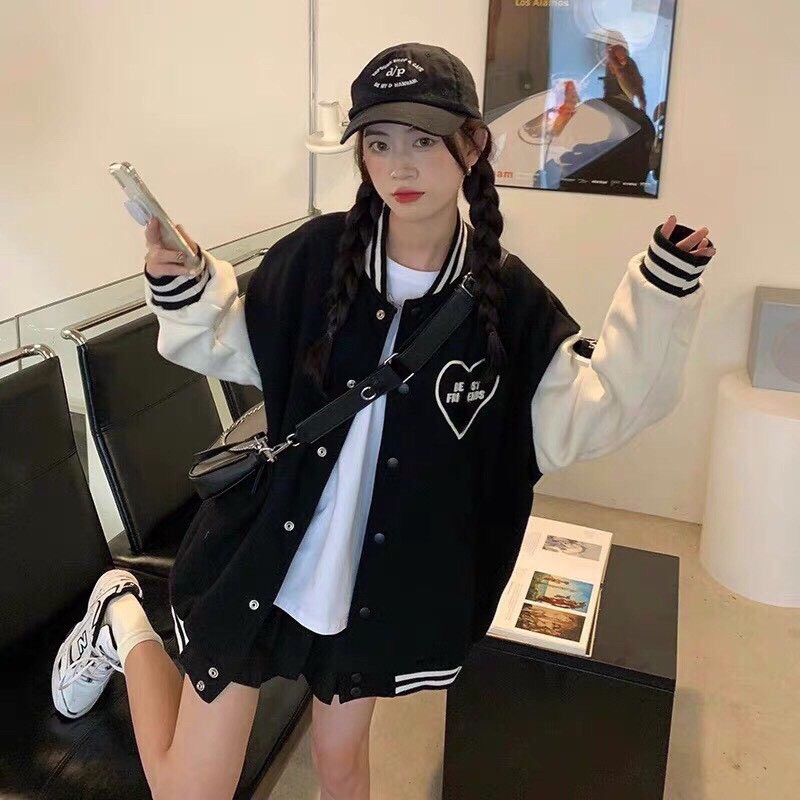  Áo Khoác Nữ, Áo Khoác Bomber Chất Kaki Bo Dệt Hình Tim 2 Màu Hồng/Đen Siêu HOT | BigBuy360 - bigbuy360.vn