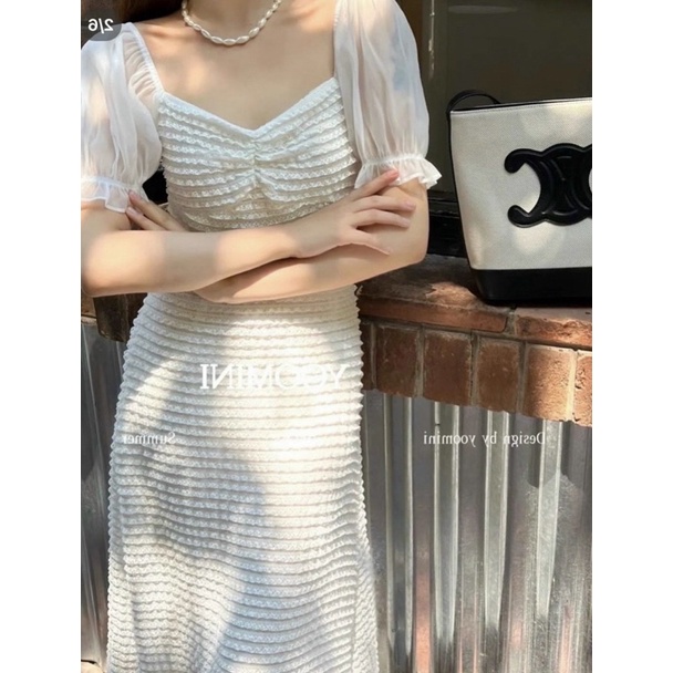 Váy midi voan nhún phối tay voan