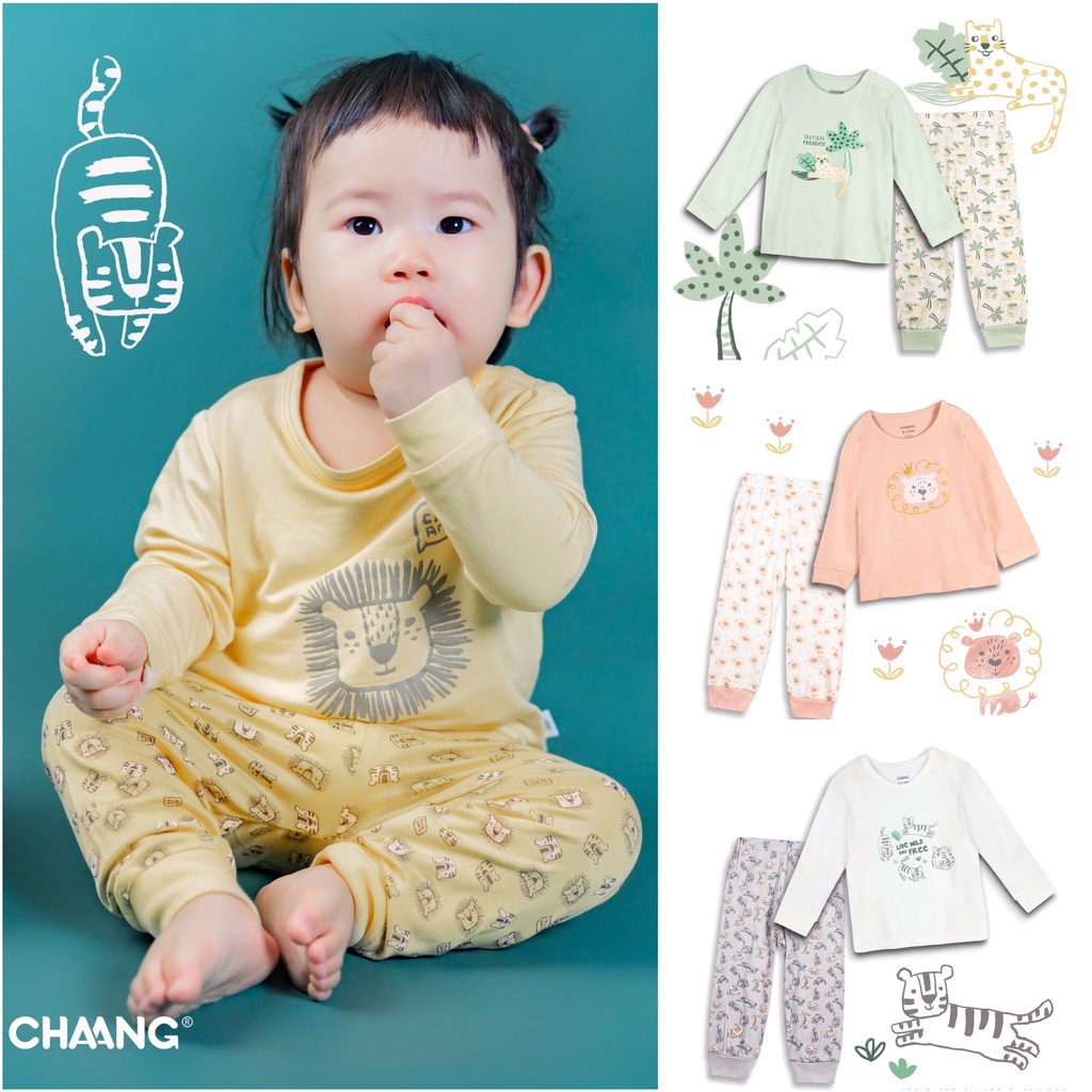 Bộ áo dài tay quần dài cúc vai trẻ em họa tiết Treasure Chaang