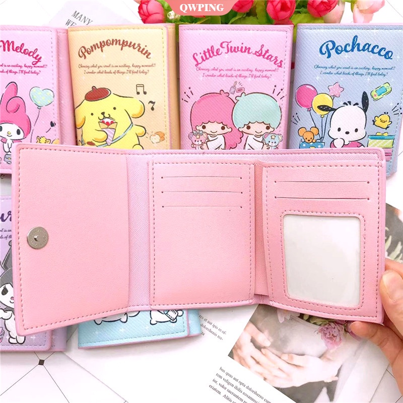 Sanrio Ví Da PU Ngắn Đựng Tiền Xu Nhiều Ngăn Họa Tiết Mèo Hello Kitty Kuromi Kawaii Cho Nữ