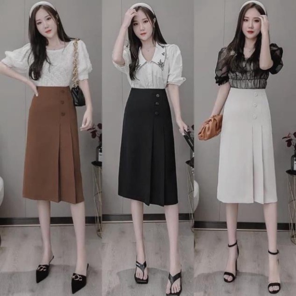 Chân váy công sở cách điệu siêu tôn dáng phối 3 cúc bọc chất tuyết mưa dày dặn mẫu mới mã 01