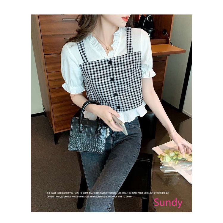 Áo Sơ Mi Ngắn Tay Cổ Chữ V Hoa Văn Kẻ Ô Thời Trang Mùa Hè Dành Cho Nữ