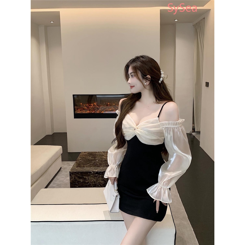 Đầm Chiffon Dài Tay Trễ Vai Ôm Dáng Phong Cách Pháp Dành Cho Nữ