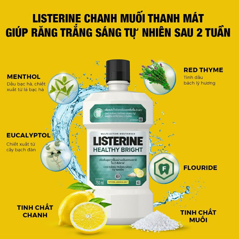 (chính hãng) Nước súc miệng listerine healthy bright 750ml