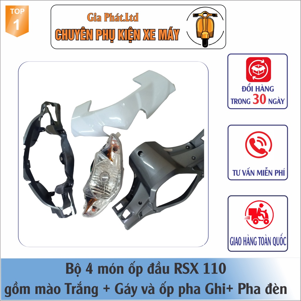 Combo ốp đầu Wave RSX 110  gồm Mào TRẮNG - Gáy GHI - và Pha đèn kèm bóng
