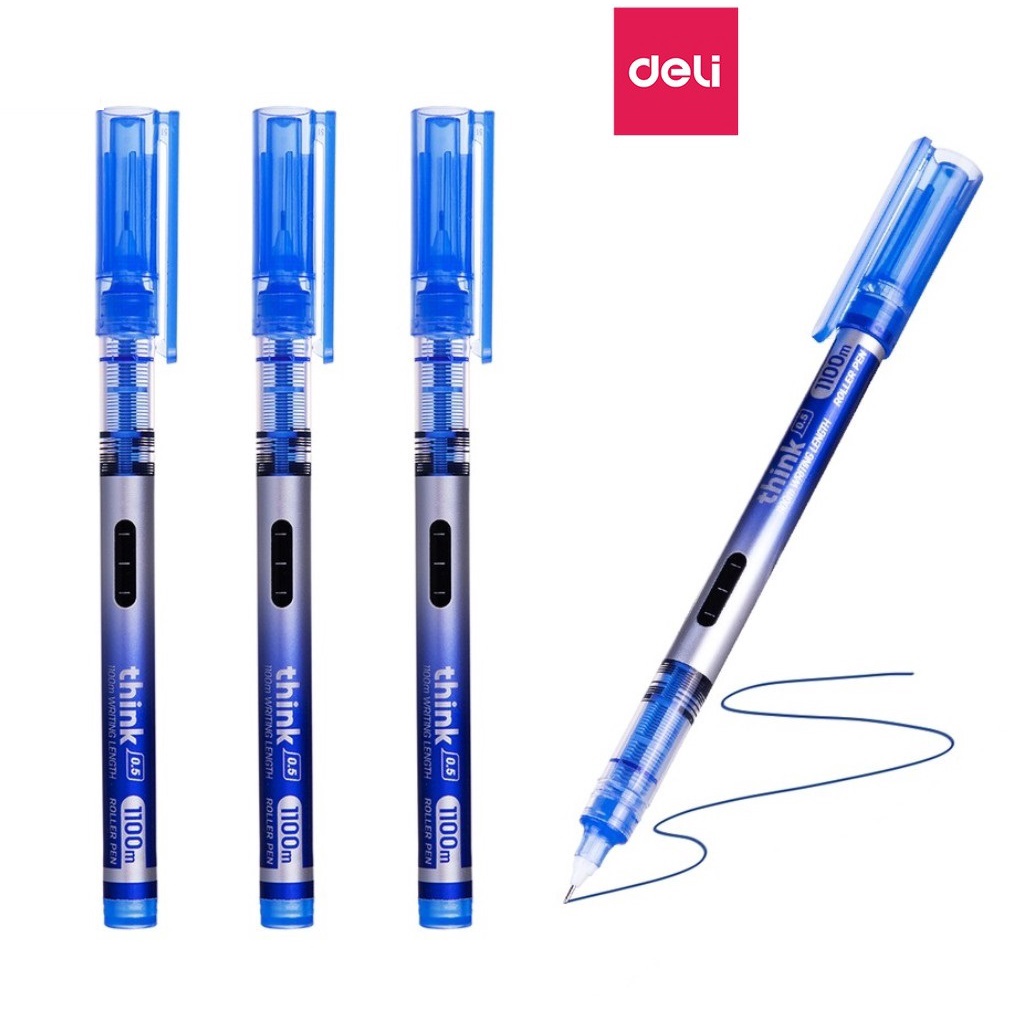 Bút lông kim mực gel nước ngòi 0.5mm mực xanh Deli Q300 I Bút viết siêu nhanh khô viết êm trơn - 1 cây