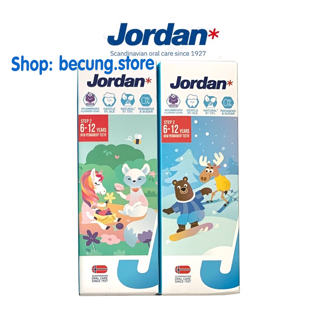 Kem đánh răng Jordan cho bé vị dâu & vị nho 75g (0-5 tuổi, 6-12 tuổi).