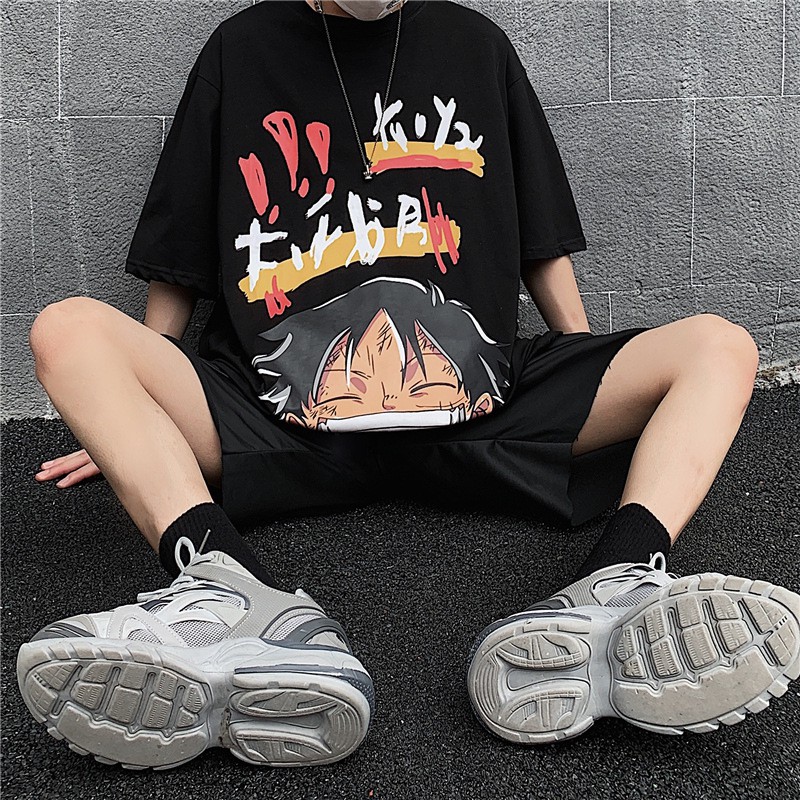 Áo thun tay ngắn dáng rộng in hoạt hình One piece phong cách Hàn Quốc thời trang dành cho nam size s-8xl