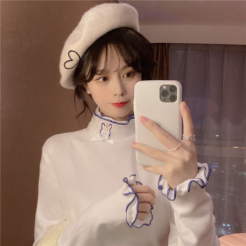 Áo Thun Tay Dài Cổ Cao Phối Lông Đính Nơ Dễ Thương Cho Nữ Sinh