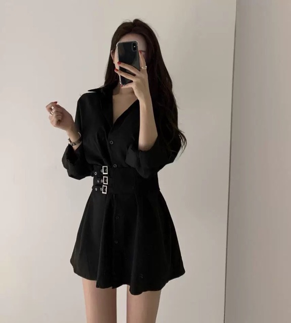 (Có sẵn) Váy sơ mi thắt eo / Đầm đen unisex mặc hai kiểu ( có ảnh thật) | BigBuy360 - bigbuy360.vn