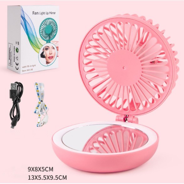 Quạt Tích Điện A8 Mini Để Bàn Kèm Gương + Đèn Selfile Xoay 180 Độ Tiện Lợi | BigBuy360 - bigbuy360.vn