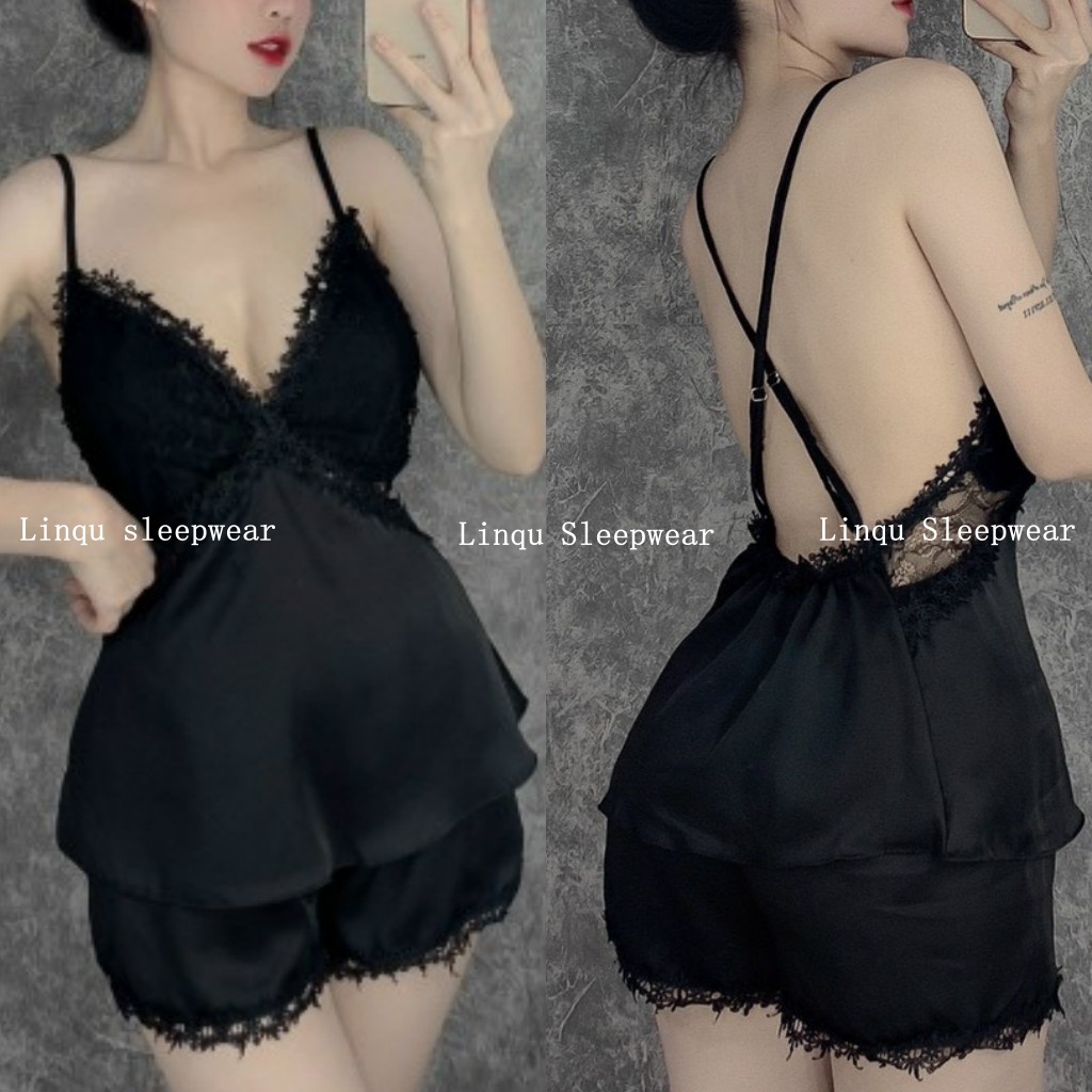Đồ ngủ nữ 2 dây, Đồ ngủ sexy gợi cảm chất satin đan chéo lưng Freesize &lt;57kg - Linqu Sleepwear