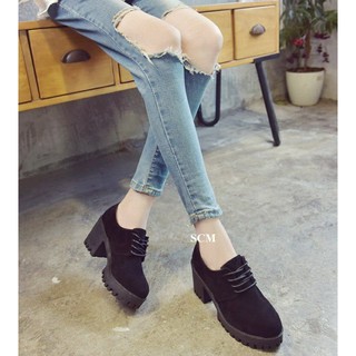 SALE-Giày boot gót vuông da lộn