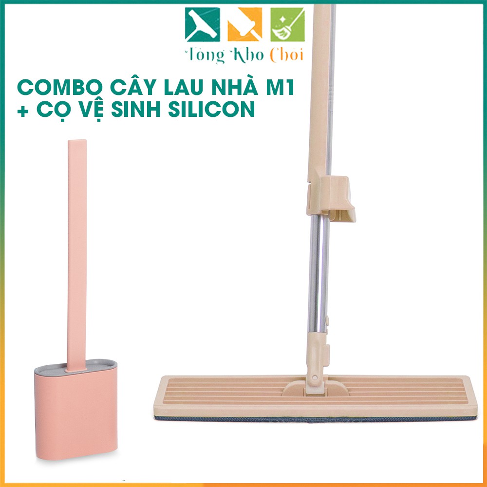 Combo cây lau nhà tự vắt tiện dụng thông minh kèm cọ vệ sinh silicon, vệ sinh bồn cầu toa-lét phòng tắm siêu sạch