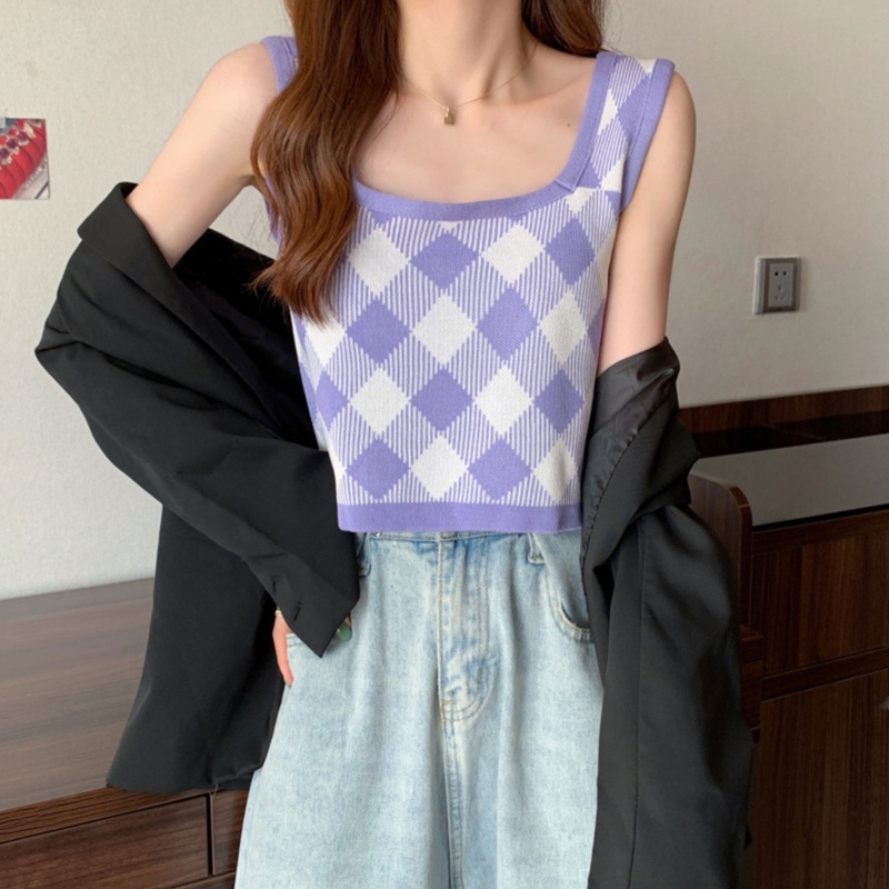 Brroa Áo Croptop Dệt Kim Không Tay Màu Sắc Tương Phản Họa Tiết Kim Cương Cổ Điển Thời Trang Mùa Hè Cho Nữ
