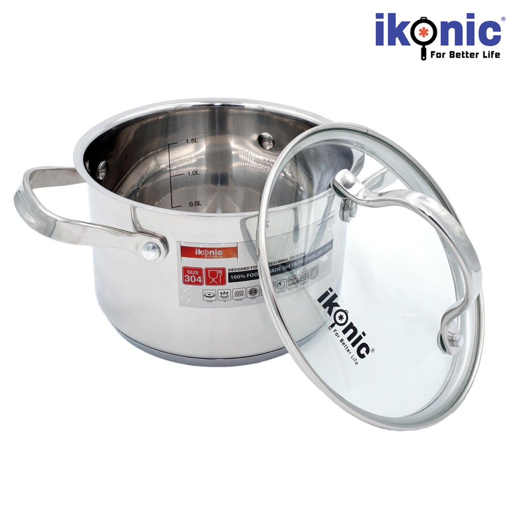 Nồi Inox có nắp kính IKONIC IK55 Siêu bền Inox 304 18/10 chống ăn mòan, đáy nồi 5 lớp dùng cho mọi loại bếp, quai đinh