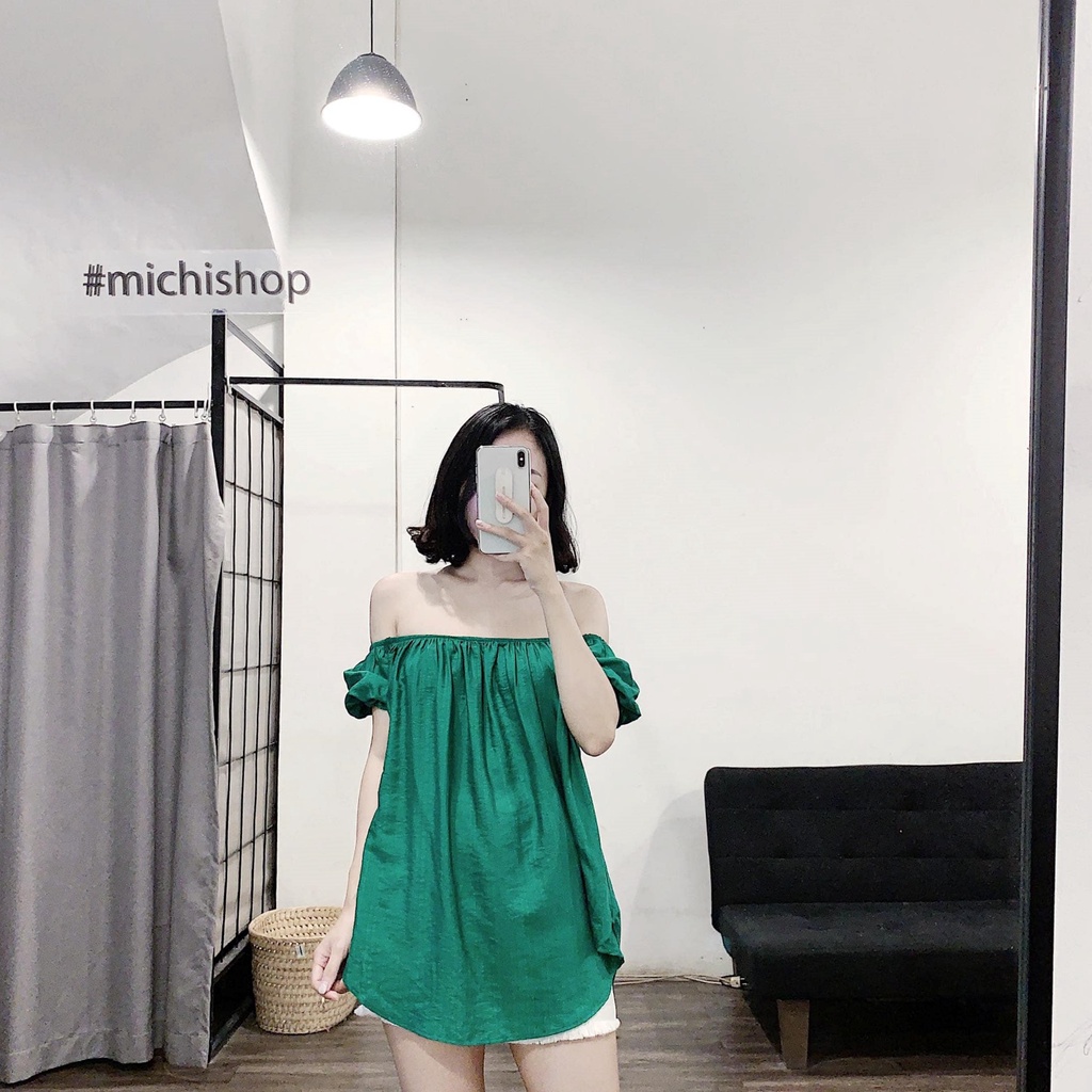 Áo trễ vai tay chun màu xanh-vàng-trắng chất đũi mát dáng oversize - 80A01