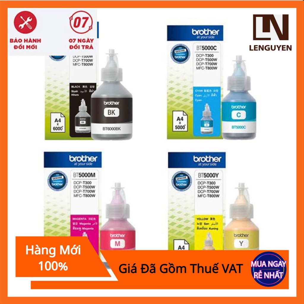 Bộ 4 màu mực máy in Brother DCP T300, T500W, T700W, MFC T800W | Mực Brother BT6000BK, BT5000C, 5000Y