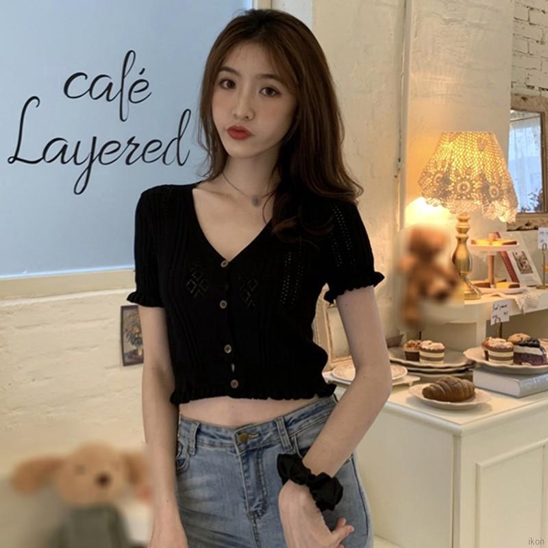 Áo Lửng Ngắn Tay Đính Nút Thời Trang Cho Nữ