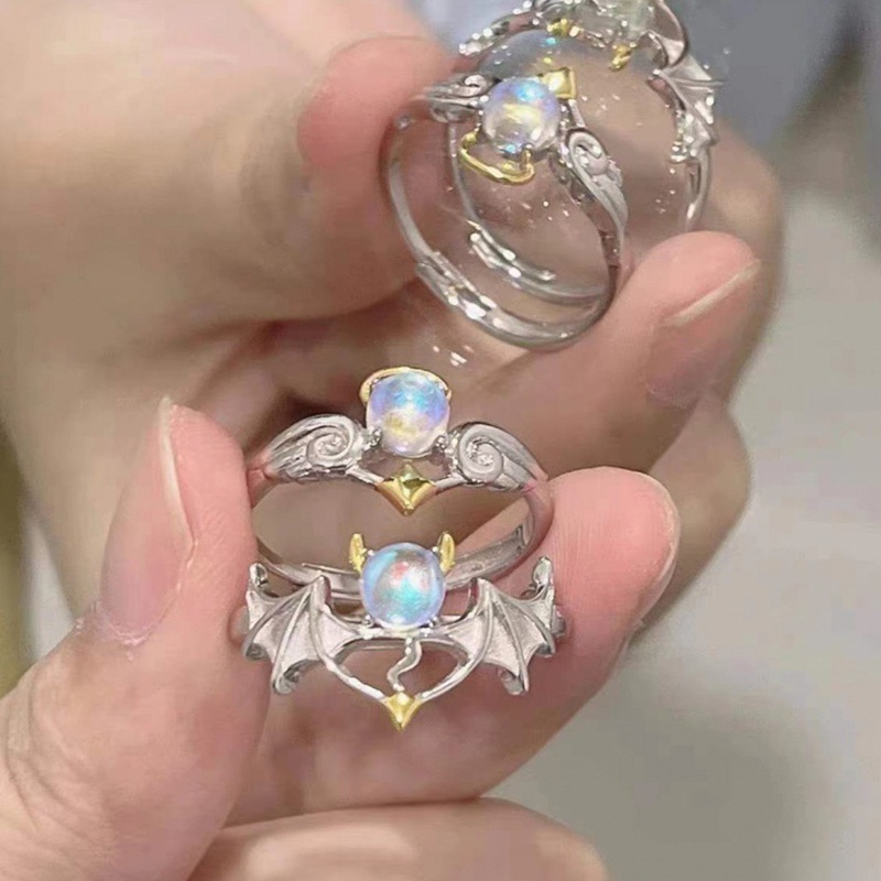 Bộ 2 Nhẫn Đính Đá Mặt Trăng Màu Sắc Cổ Điển Có Thể Điều Chỉnh Kích Thước Cho Cặp Đôi